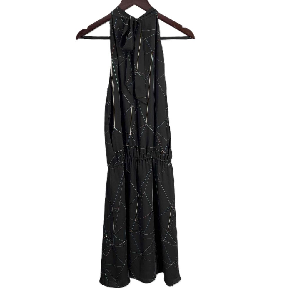 REISS Black Geometric Multicolor Print Sleeveless Dress Tie Detail Silky Size 2